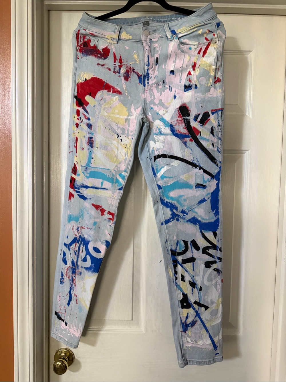 SOHO NY & CO Hand-Painted Light Wash Jeans with Colorful Abstract Design